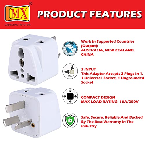 Image of MX Universal Travel Adapter Type I - 2‑Pack Conversion Plug for India, Australia, China, New Zealand & More - Rated 10 A / 250 V, Safety Shutters, Travel‐Ready