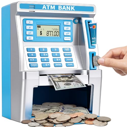 Cofrinho azul para crianças, caixa eletrônico para dinheiro real ...