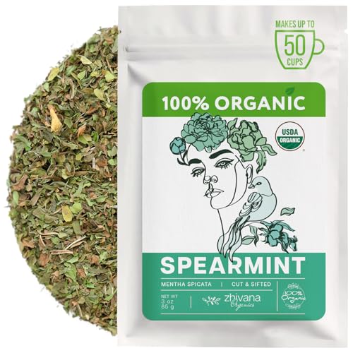 Organic Spearmint Tea Loose Leaf (3 oz) Herbal Tea for a Calming Effect Digestion Womens Hormone Balance Sweet Mint Aroma Naturally Caffeine-Free