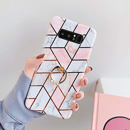 Saceebe Compatible with Galaxy Note 8 Silicone TPU,Glittered case TPU Soft Silicone Marble Pattern Soft Shell TPU with Finger Ring Bracket Protective Shell Case Cover [Anti-Scratch],Pink white