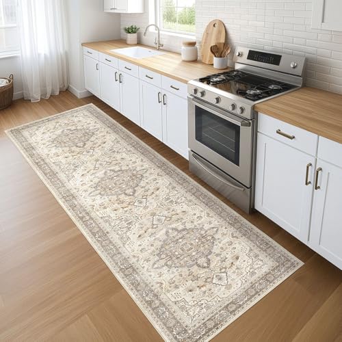 Runner Rug Kitchen Washable Rugs: 3x8 Non-Slip Boho Soft Vintage Stain Resistant Indoor Floor Neutral Farmhouse Throw Carpet for Hallway Bathroom Laundry Room Entryway Bedroom- Brown