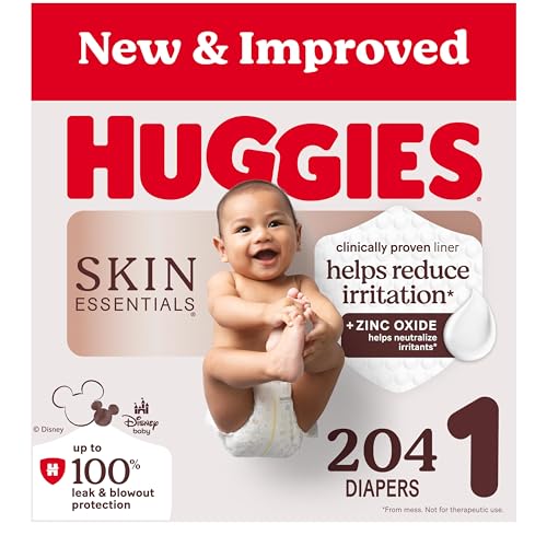 Huggies Size 1 Diapers, Skin Essentials Baby Diapers, Size 1 (8-14 lbs), 204 Count (3 Packs of 68), Packaging May Vary