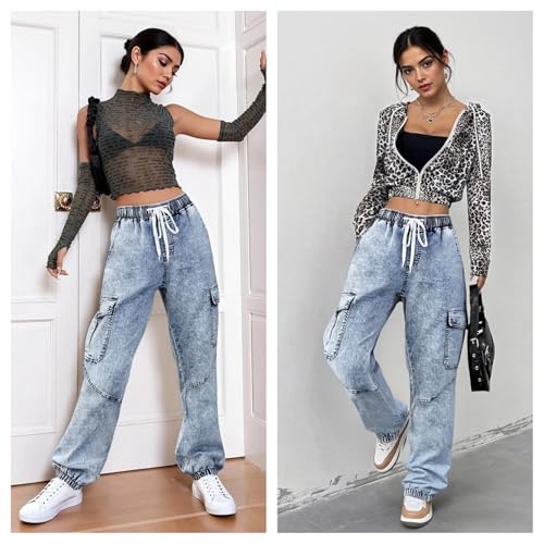 Women's High-Waisted Denim Joggers – Stretchy Drawstring Waist, Tapered Leg Pants (Plus4