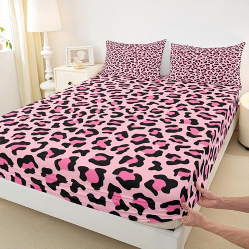 Wild Animal Skin Luxury Fitted Sheet,Full Size African Cheetah Wildlife Fur Collections,Pink Leopard Print Bedding Deep Pocket for Children Teens Young with 2 Pillowcases(No Flat Sheet)