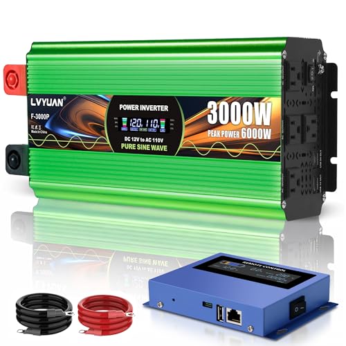 Image of 3000W Pure Sine Wave Power Inverters, LVYUAN 6000W Peak Power 12V DC to AC 120V Power Converter for RV, Truck, Outdoor, Remote Control Quadruple AC Outlets and USB Ports Inverter with LCD Display