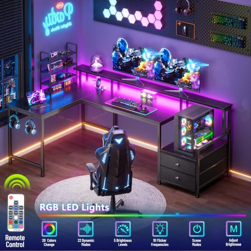 Image of Korfile 57'' L Shaped Gaming Desk with Storage Drawers, Power Outlets, LED