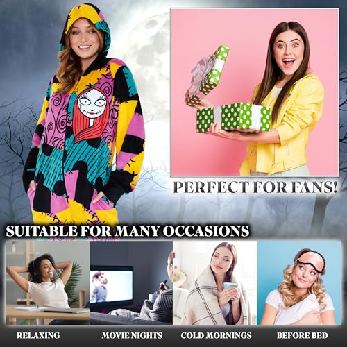 Disney The Nightmare Before Christmas Damen Fleece Onesie mit Kapuze, Schlafanzug Einteiler (Mehrfarbig, S)