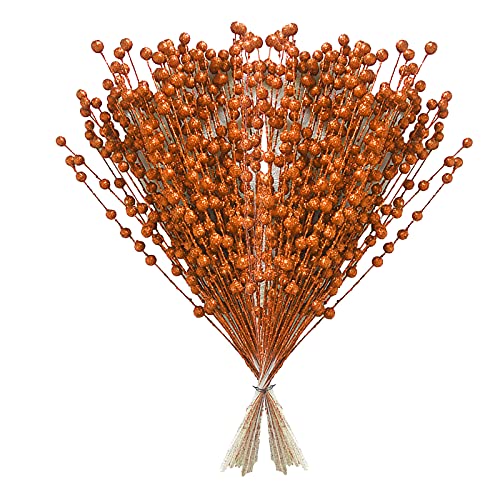 ASSR 100Pack Christmas Glitter Berries Stems,15.7in Fake Christmas Picks Glitter Sticks,Artificial Fruit Berry Picks for Xmas Tree Ornament -Orange, 210712XU03-9-2#JKF67, 13.8-15.7in