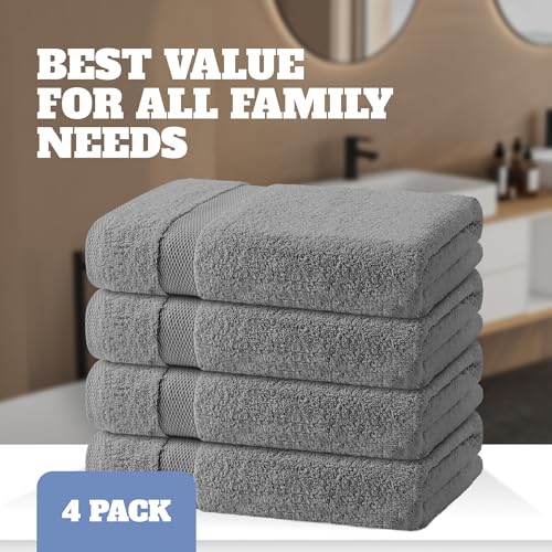 Image of White Classic Light Gray Bath Towels 27x54 Inch, Cotton Towel Set for Bathroom, Hotel, Gym, Spa, Soft Extra Absorbent Quick Dry 4 Pack