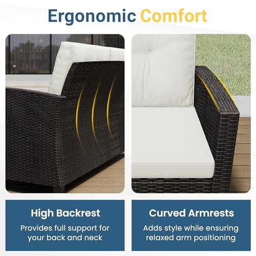 Image of Wisteria Lane 4 Piece Patio Furniture Set, Wicker Outdoor Patio Conversation Furniture Set, All Weather Outdoor Patio Sofa with Cushion and Wood Table, Beige Wood