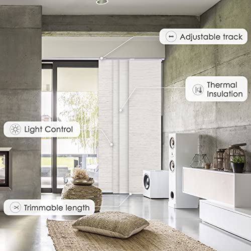 Godear Design 99.99% Blackout Adjustable Sliding Panel Track Window Blind 45.8"- 86" W X Up To 96" H, Extendable 4-Rail Track, Grayish Metallic Luster Trimmable Natural Woven Panel Curtain, Mica + #TOP1