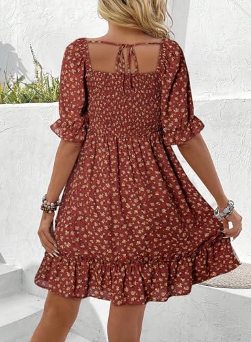 Dokotoo Womens Casual Summer Dresses Short Sleeve Square Neck Smocked Boho Floral Sundress Flowy A-Line Mini Dress3