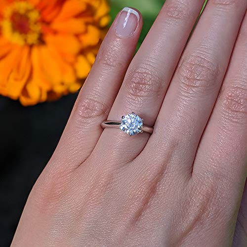 TwoBirch Platinum Plated 925 Sterling Silver 1.5 CT Round Moissanite Solitaire Engagement Ring with Six Prongs (Sizes 4.5 to 9)2