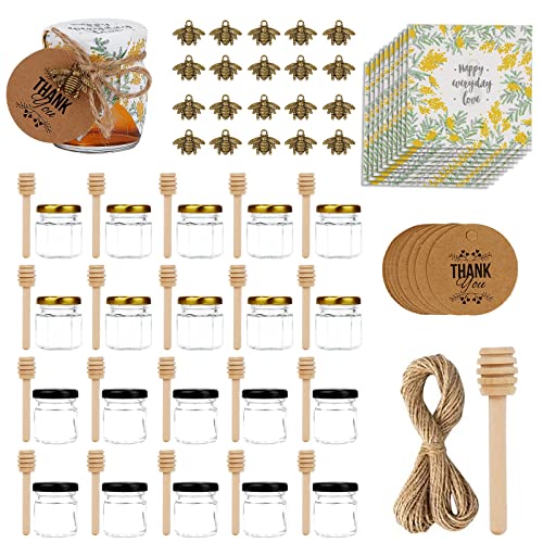 Loyaboho 20 Tarros de Miel Hexagonales,45ml Tarros Miel Boda,con Cucharones de Madera,Colgantes de Abeja,Cuerda de Cáñamo,Papel de Sellado,Mini Tarro miel Perfectos para Baby Showe,Recuerdos de Boda