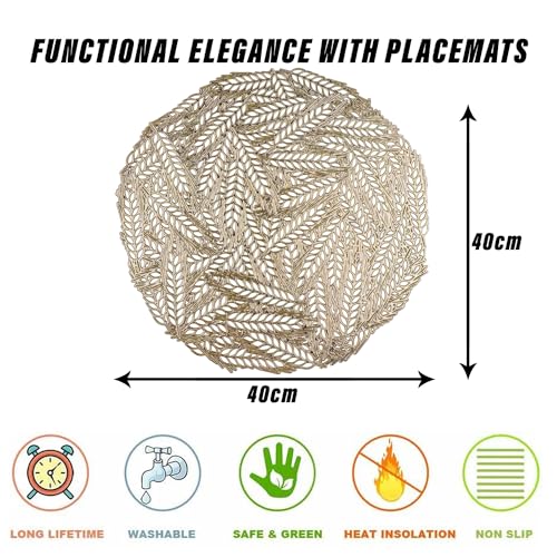 Image of Kuber Industries Side Table Mats | Leather Bedroom Center Table Mat Set | Round Leaf-Design | Golden