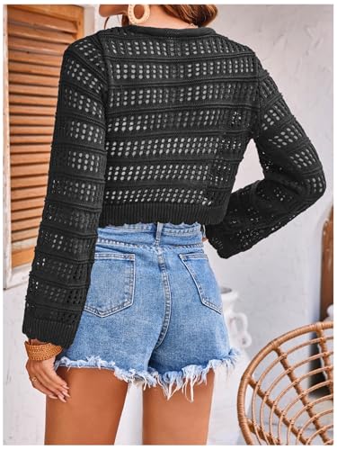Image of GORGLITTER Women's Crochet Tie Front Tops Long Sleeve Boho Cropped Cardigan Festival Cowgirl Outfits