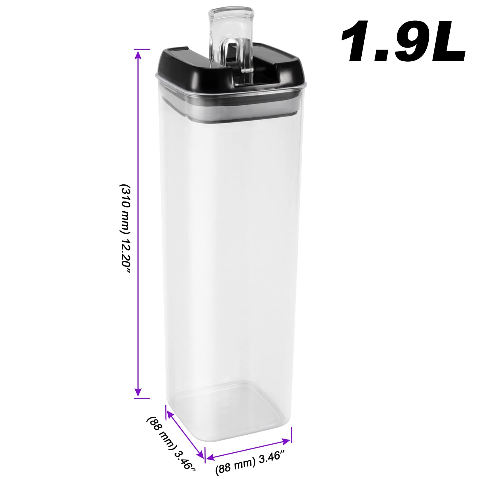 JOIKIT Lot de 3 bocaux alimentaire hermétique plastique de 1,9 L, sans BPA, bocaux rangement de pâtes spaghetti avec noir couvercles verrouillage facile et anneau pour collations, farine, céréales
