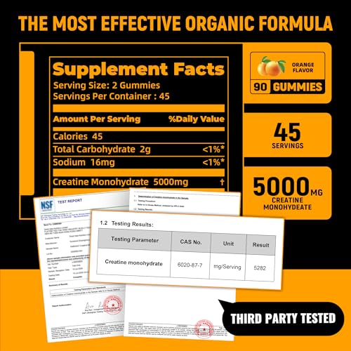 Image of NSF Certified Creatine Gummy - Creatine Monohydrate Gummies 5g for Men & Women - Boost Focus,Strength, and Endurance, Vegan, Gluten-Free, Non-GMO, 2.5 Gram Creatine per Gummy (Orange 90 ct)