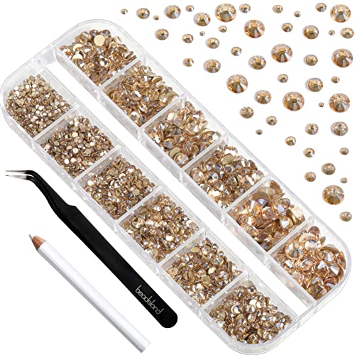 Beadsland Rhinestones for Makeup,8 Sizes 2500pcs Gold Flatback Rhinestones Eye Gems for Nails Crafts with Tweezers and Wax Pencil,Golden Shadow,SS4-SS30 - Image 2