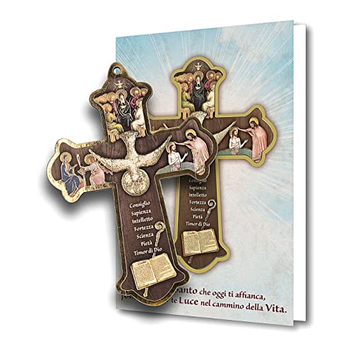 Holyart Cruz Comunión Impreso sobre Madera con Tarjeta Felicitaciones Espíritu Santo y Dones