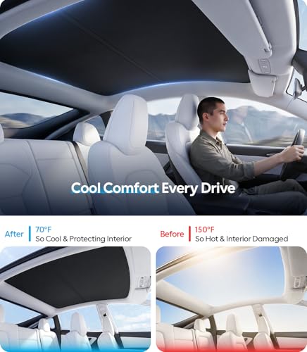 Image of Wigoo Tesla Model Y Sunshade Roof [Never Sag, Nano Ice-Crystal Coatings] 3-Gen Heat Insulation Glass Roof Sun Shade, Accessories for Tesla Model Y 2020~2025, Black