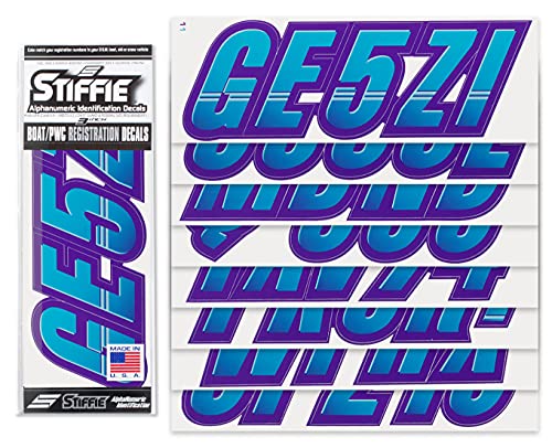 Image of STIFFIE Techtron Sky Blue /Purple 3 inch Boat & PWC Registration Decals • Numbers Letters Stickers