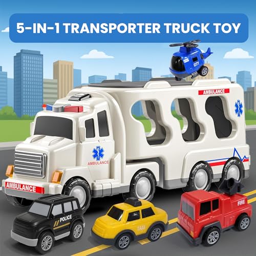 Image of Kidology 5 in 1 Ambulance Truck Toys for Kids Ages 3+ Years - Friction-Powered Cars with Light & Music, Educational Transport Truck Toy Vehicle for Boys & Girls, Birthday Gift