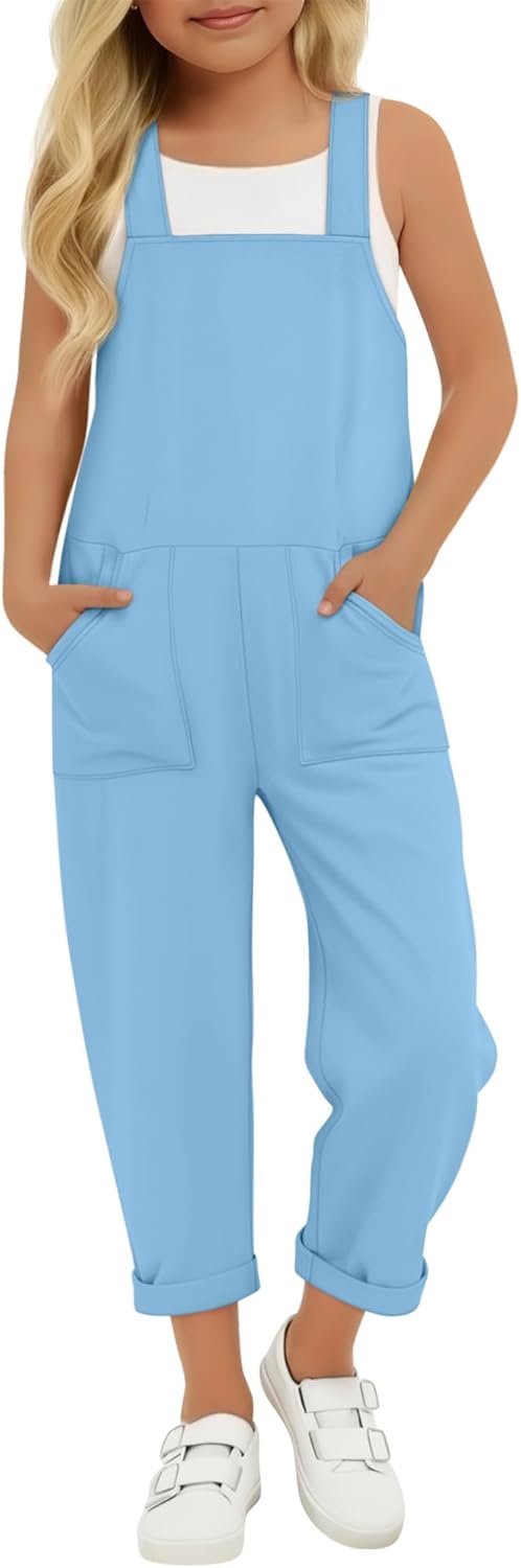 Xaatren Girls' Overalls Harem Pants Wide Strap Jumpsuits Loose Rompers Cuffed Hem Long Pants with Pockets 5-14 Years