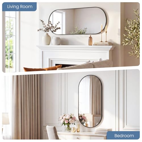 Image of Sweetcrispy 24 inch x 48 inch Black Bathroom Mirror for Wall, Oval Wall Mirror with Metal Frame, Tempered Glass, Modern Vanity Mirror for Over Sink, Living Room, Bedroom, Entryway, Horizontal or Vertical