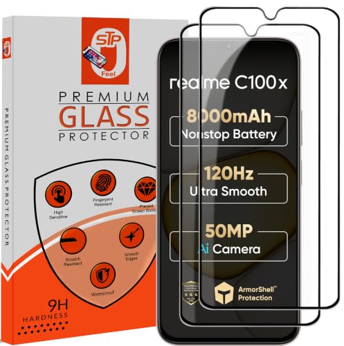 Image of STP FEEL Premium HD+ Tempered Glass Screen Protector Guard Compatible For Realme C100X 5G (6.8 Inch, Pack of 2) | Edge to Edge Coverage With Easy to installation kit for Smartphone