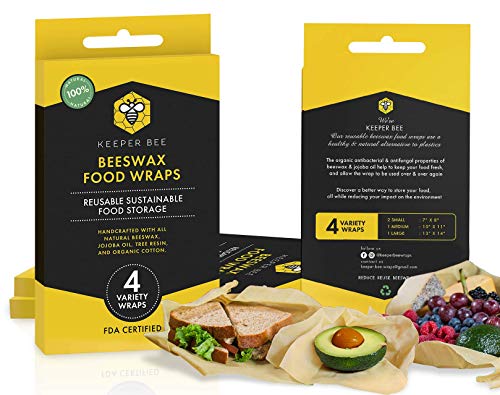 Beeswax Food Wraps 4 Pack, by Keeper Bee ~ All Natural, Organic & Sustainable Food Storage ~ Eco Friendly & Reusable Alternative to Plastic ~ (2 Small, 1 Medium, 1 Large) ~ Dye Free!