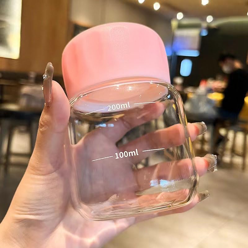Small Borosilicate Glass Juice Bottle with Lid, 10 oz Clear Water Bottle with Scale Mark,Cute Milk Cup Mini Coffee Mug Juicing Drinking Jar for Fruit Drinks,Tea,Beverage,Hot & Cold Drinks (Pink)