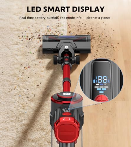 Image of K25 Cordless Vacuum Cleaner, 650W 55KPa Stick Vacuum, 70Min Runtime (Red)