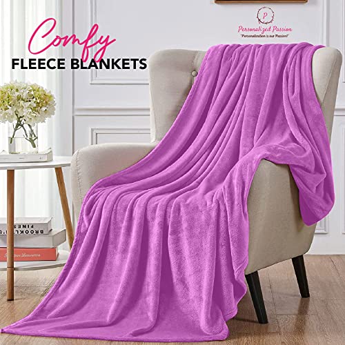 Personalized Blankets for Adults - Custom Blanket with Embroidered Name or Monogram - Soft Fleece Throw Cover for Bed & Couch - Purple (60"x80")