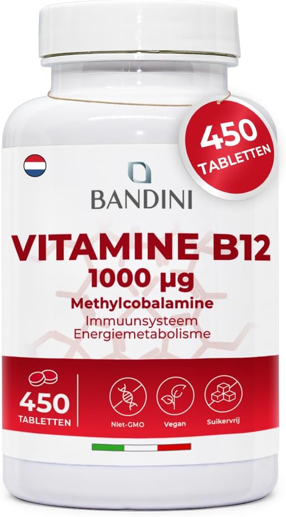 Vitamine B12 450 Veganistisch (+ 1 jaar), Methylcobalamine 1000µg, 100% Veganistische Tabletten, voor het Immuunsysteem, Vit B Energiestofwisseling, Fysieke en Mentale Vermoeidheid
