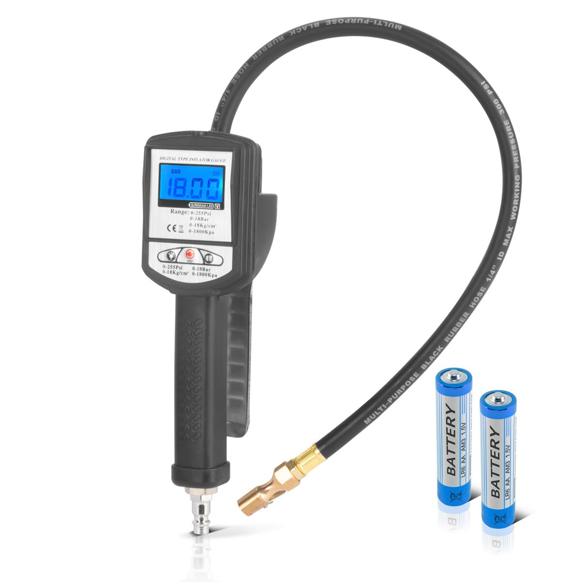 STAHLWERK Inflador digital de aire comprimido DRP-18 ST | Inflador de aire comprimido con manómetro digital | Manómetro digital para coches, camiones, motos, bicicletas | Rango de medición 0-18 bar
