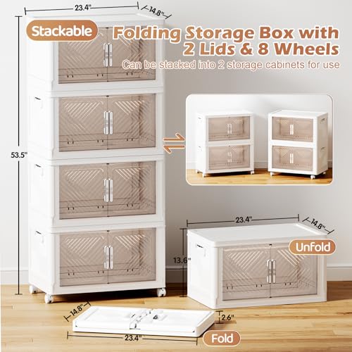 Storage Bins with Lid 76QT, Stackable Storage Containers with Wheels and Magnetic Doors, Plastic Clothes Closet Organizers and Storage Box for Pantry, Home and Office (4 Pack)