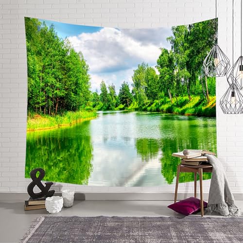 Tapisserie nature paysage 150x150cm grand format imprimé rivière et arbres - 4