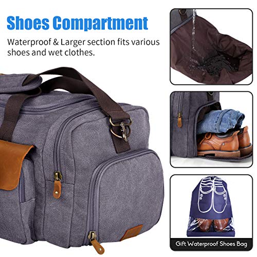 WOWBOX Duffle Bag for Men Women Canvas Genuine Leather Large Duffel Bag Overnight Weekender Bag with Waterproof Shoe Compartment+Shoulder Strap with Pad, Gym Bag Travel Luggage Bag with Tag(Grey)