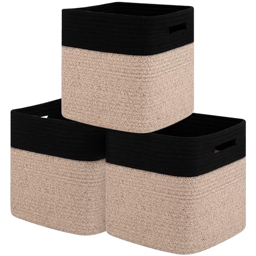 Image of Storage Cubes 11 Inch Cotton Rope Woven Baskets for Organizing, 3-Pack Cube Storage Bin | Square Baskets for Shleves, Closet, Baby Nursery Bins, Black & Brown