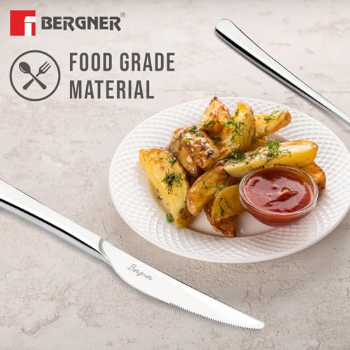 Image of BERGNER BE Essentials Lucia Stainless Steel Dinner Knife Set of 2, 20cm Long Butter Spreader, Modern Ergonomically Designed Premium Dinner Knife, Dinning Table 2 Pcs Knives, 4.5mm Thickness - Silver