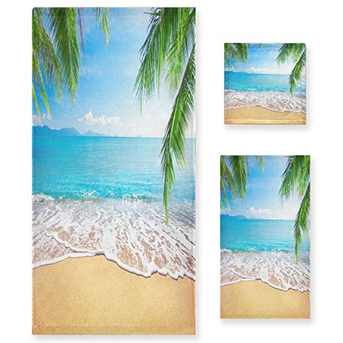 Naanle 3D Beautiful Summer Palm Leaves Tropical Beach Soft Luxury Decorative Set Of 3 Towels, 1 Bath Towel+1 Hand Towel+1 Washcloth, Multipurpose For Bathroom, Hotel, Gym, Spa And Kitchen #TOP8