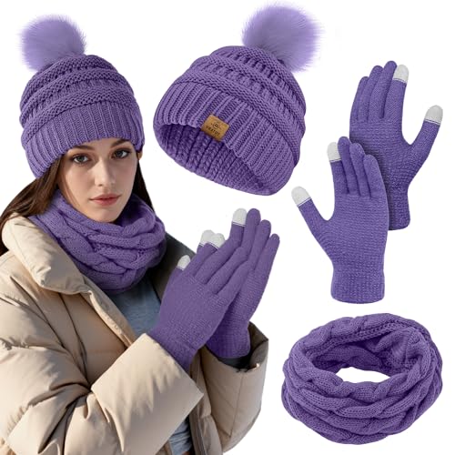 Set de invierno morado con gorro de punto, bufanda y guantes táctiles talla M