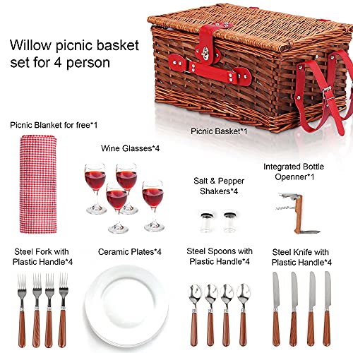 image for E-riding Wicker Picnic Basket Set for 4 Persons with Large Insulated C