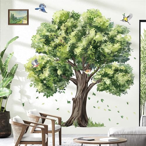 decalmile Stickers Muraux Grand Arbres Verts Aquarelle Autocollant Mural Plante Feuilles Oiseaux Décoration Murale Chambre Enfants Bébé Salon