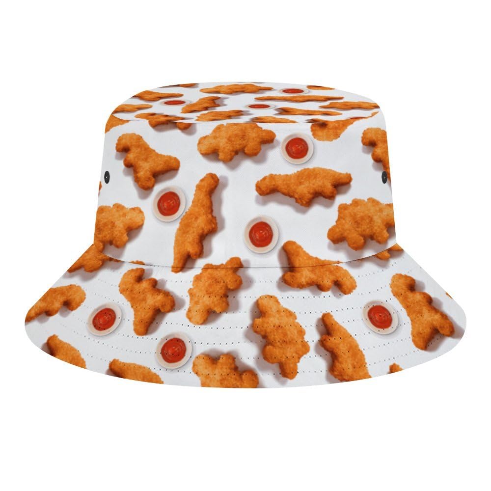 Mercuryelf Dinosaur Chicken Nuggets Bucket Hat Gifts for Men Women, Unisex Packable Sun Cap, Funny Fisherman Hat Summer Outdoor, Small-Large, Style
