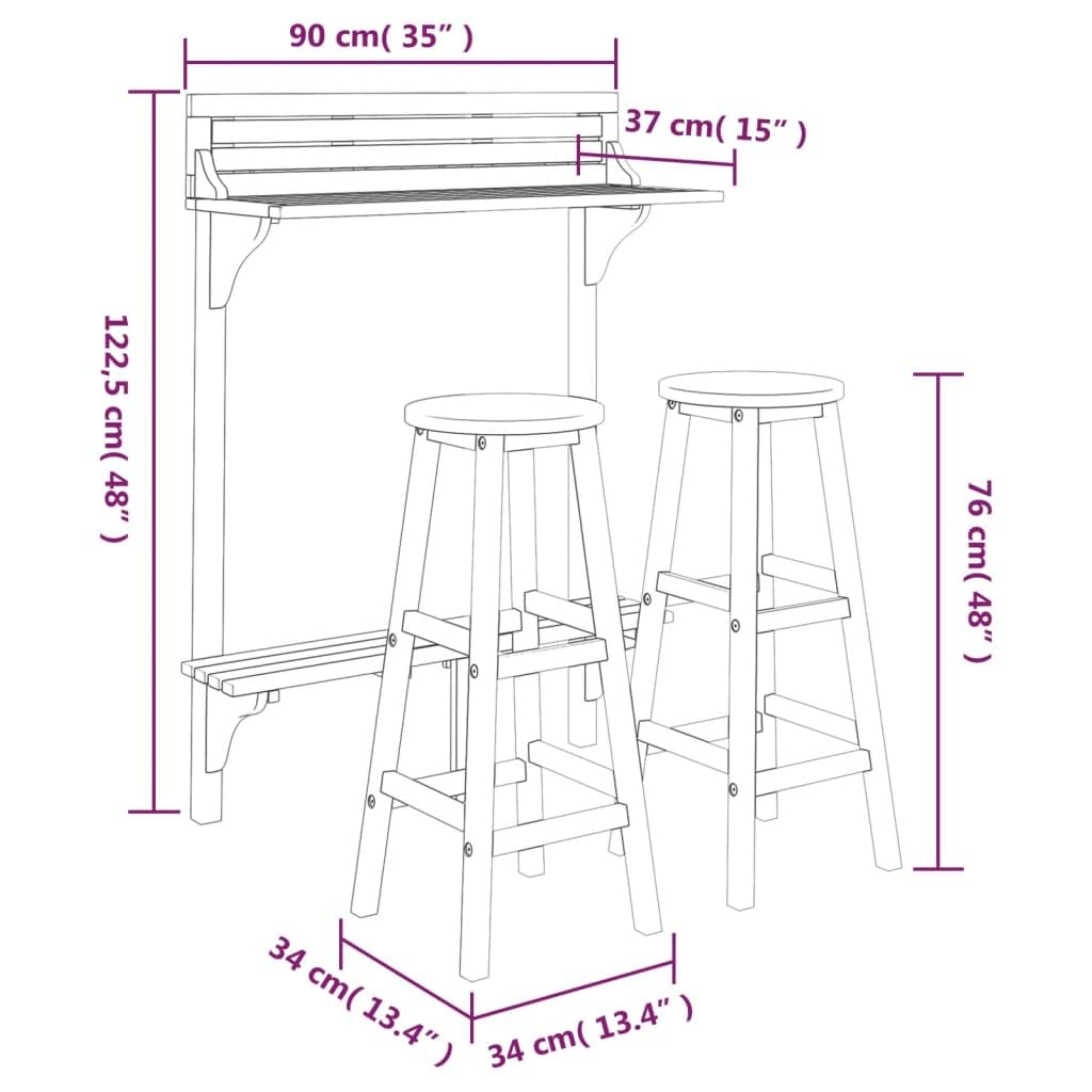 vidaXL Ensemble de Bar de Balcon 3 pcs Mobilier de Patio Bois d'Acacia Massif
