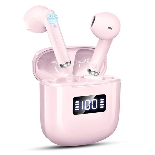 Cuffie bluetooth 5. 3, auricolari bluetooth con 4 hd microfono, cuffie wireless in ear hifi stereo, cuffiette bluetooth con display led, controllo touch, ip7 impermeabile, mini cuffie senza fili rosa