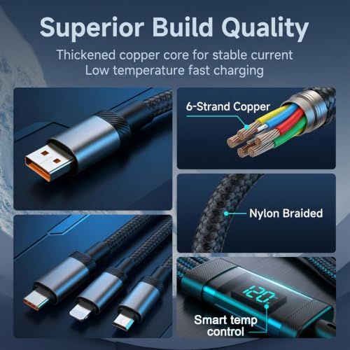 Image of Verilux 3 in 1 Type C Cable Fast Charging with Digital Display 6.6FT /2M, PD 120W Type C /27W Lighting /10W Micro USB Cable with 480Mbps Data Transmission for iPhone 17 /16 /15, Galaxy S26 /S25 /S24