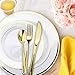 600 Piece Disposable Plastic Gold Dinnerware Set - 200 White and Gold Plates - 300 Silverware - 100 Cups for Party or Wedding up to 100 Guests